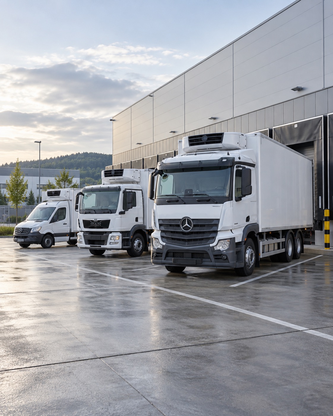 Moderne Kühlfahrzeuge verschiedener Größen am Logistikstandort