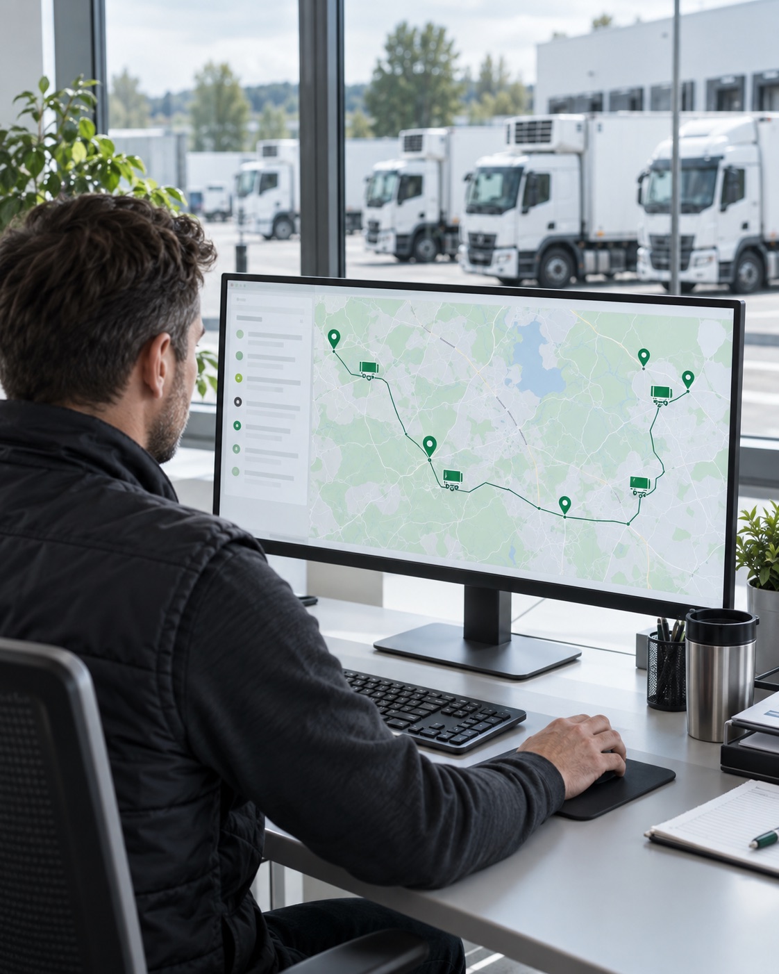 Disponent verfolgt die Fahrzeugrouten auf einer digitalen Karte